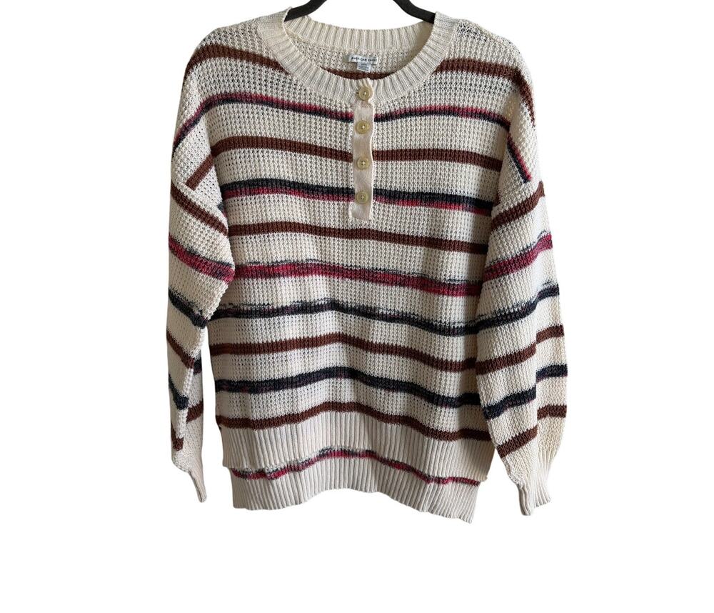American Eagle Striped Waffle Knit Henley Sweater Cream Brown Size S Oversized